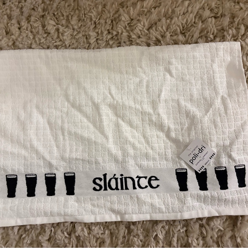 White 'Sláinte' Cotton Kitchen Towel with Pint Glass Motif